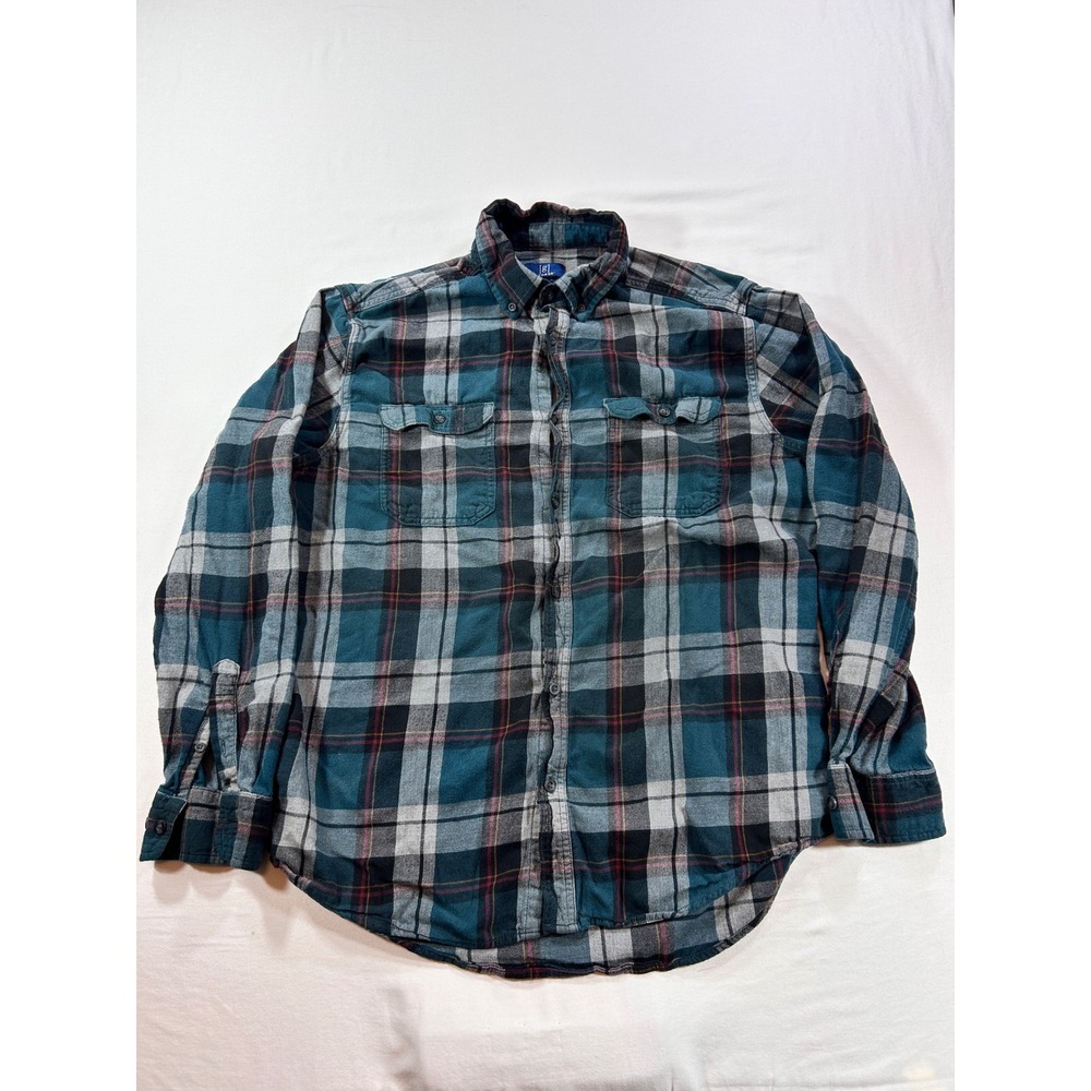 George Mens Teal Grey Plaid Flannel Button Down Shirt Large L Long Sleeve